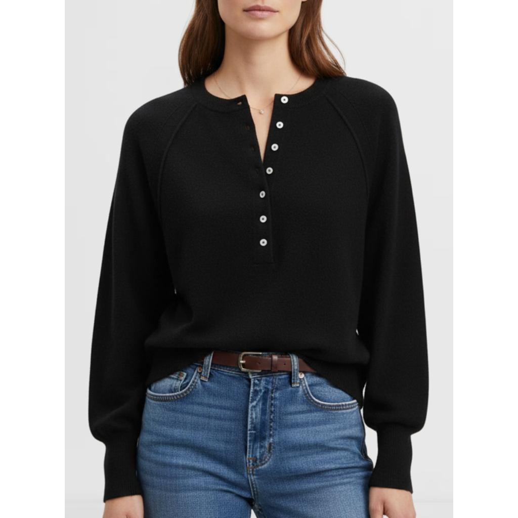 Women's Round Neck Long Sleeve Knit Sweater Loose Fit Button Detail Henley Pullover Top