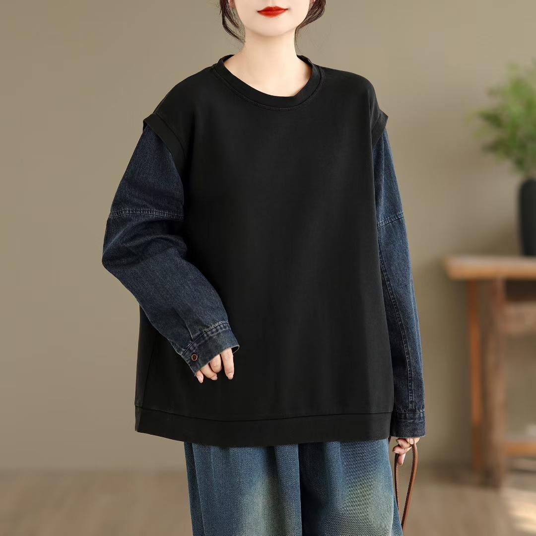 

DIMANAF Новинка 2025 Женский Хлопок Вставка Джинсовый Принт Длинный Рукав Осень Базовые Топы Футболка Новый Пуловер One Size