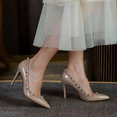 Shoes for Women  Slip On Women's High Heels Fashion Party Pumps Women Rivet Pointed Toe Shallow Thin Heels Shoes Female
