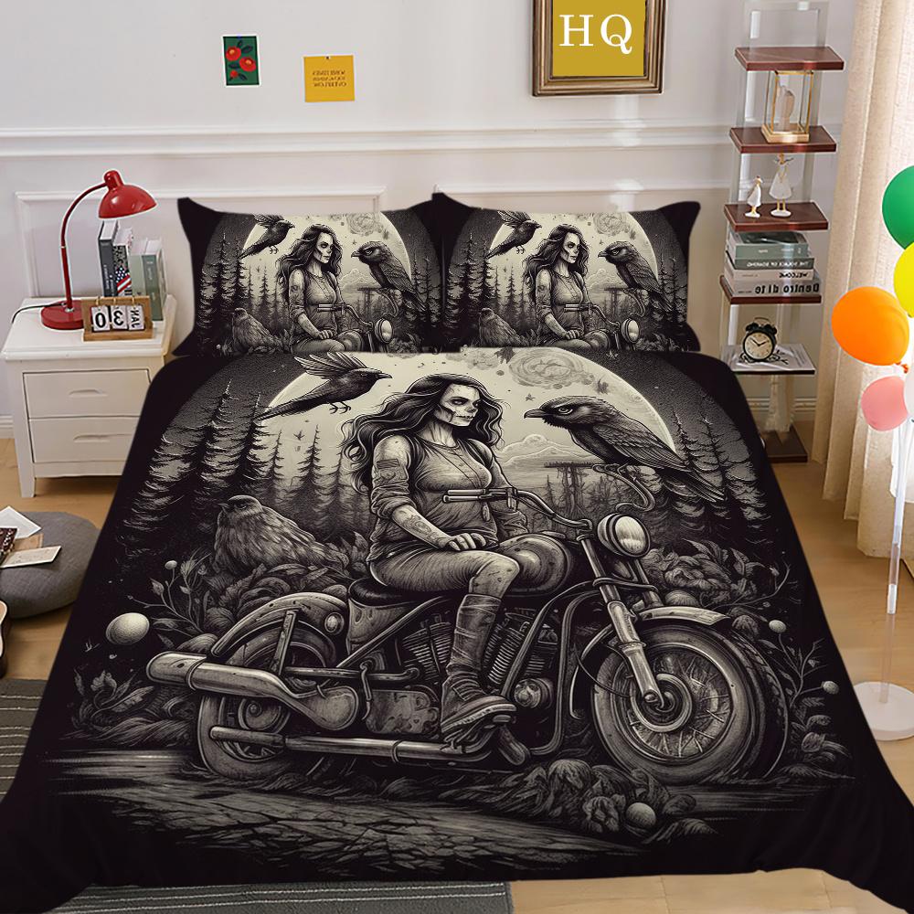 Bettwäsche-Set mit 3D-Schönheits-Schädel-Druck, volle Größe, Polyester-Bettbezug-Set, hochwertiges Schlafzimmer-Dekor