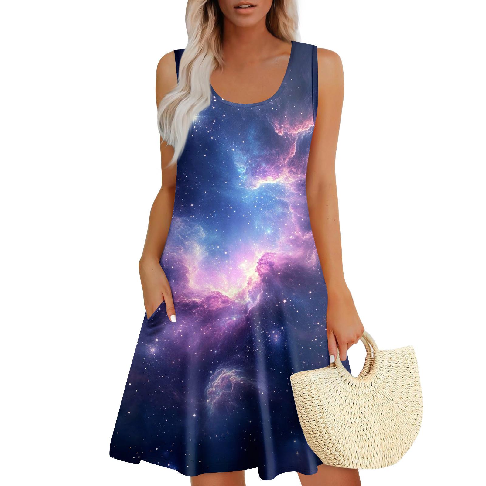 Womens Summer Dresses Easter Print  Loose U Neck Sleeveless Sundresses Dress With Pockets S