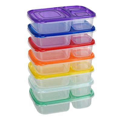 MiniMood Lunch Box Set of 7, 3-Compartment, Food Storage Container, Microwave and Dishwasher Safe, Colorful Airtight Lid, PP Material, Suitable for Ad