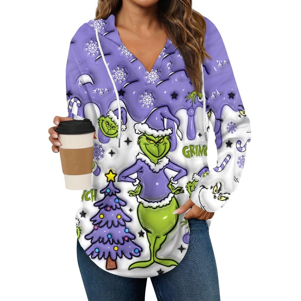 Women's Fashion Hoodies V Neck Long Sleeve Christmas Printed Drawstring Casual Loose Pullover Tops
