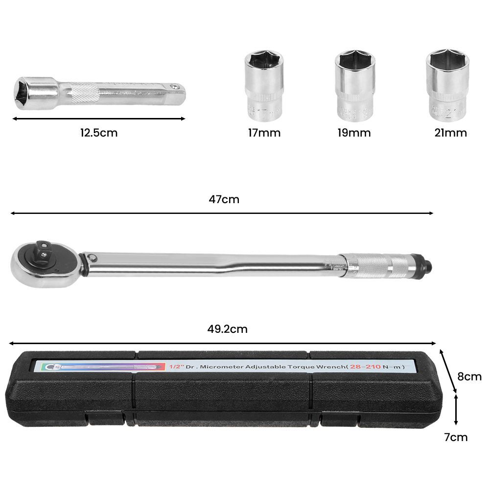 1/2 Inch Ratcheting Torque Wrench 28-210Nm With 17 19 21mm Drive Socket