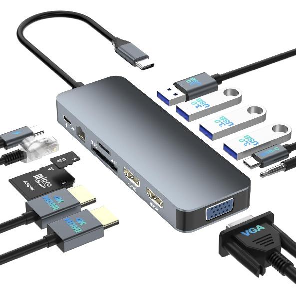 Docking Station Dual Monitor for Dell/HP/Lenovo/Surface Laptop, Dual HDMI Adapter for 2 Monitors, Laptop Docking Station Dual Monitor, 13 in 1 USB C