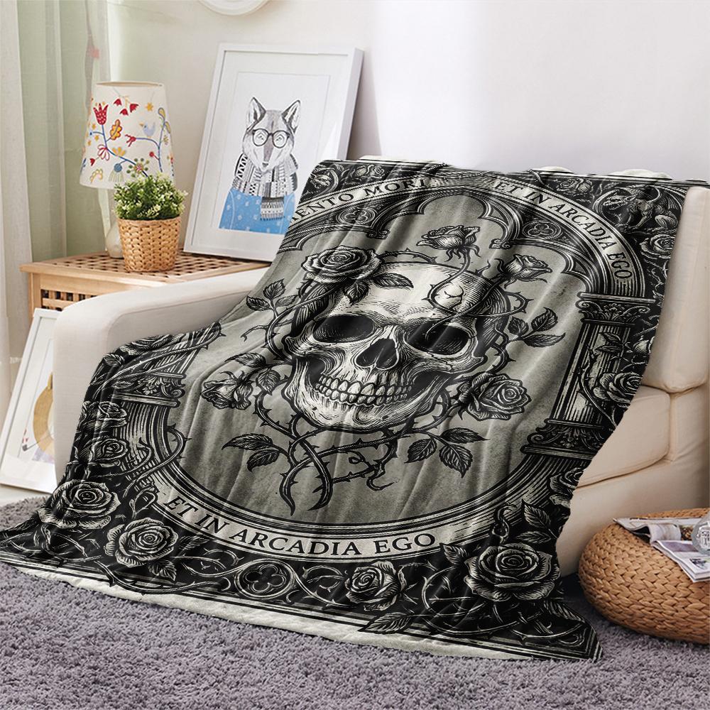 Skull Gothic Print Flannel Blanket, High Quality Comfortable for All Seasons, Home Decor, Warmth and Comfort, Perfect for Christmas Gifts102