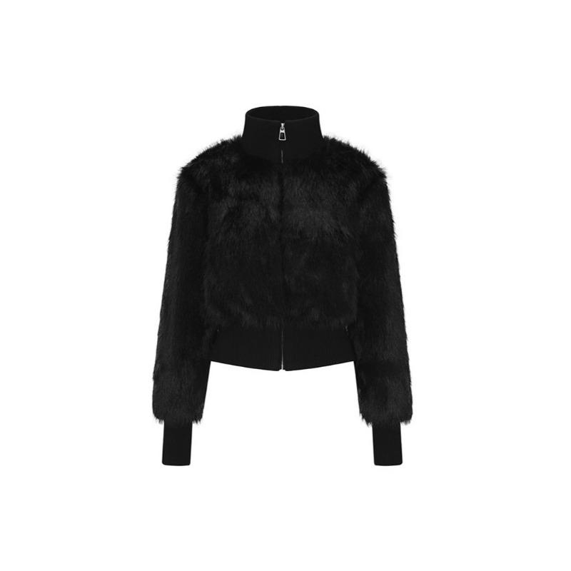 Veste Bombeur Courte en Fausse Fourrure pour Femme Col Montant Fermeture Éclair Vêtement d'Extérieur Chaud d'Hiver