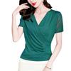Summer New Style Cross V-neck Solid Color Mesh Bright Pink Slim Fit Short-sleeved Top for Women
