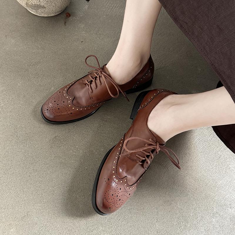 Fashion HOT SALE Spring/Autumn Women Loafers Genuine Leather Shoes for Women Round Toe Low Heel Women Pumps Casual Lace-up Oxford Shoes