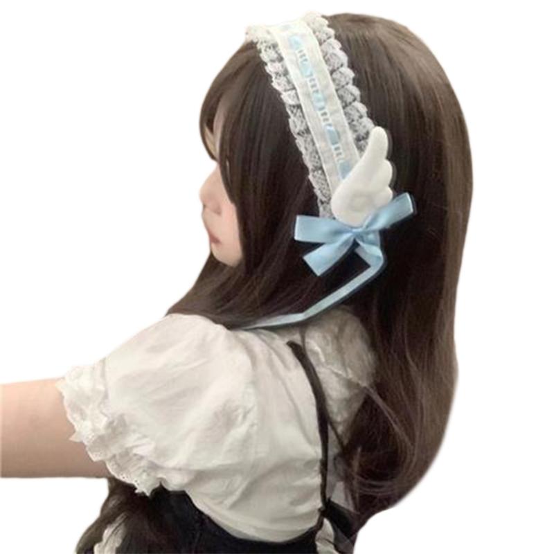 Women Hair Bands Maid Cosplay Headband Lolitas Lace Headwear with Cute Wings, Bowknot Decorations Hair Accessories