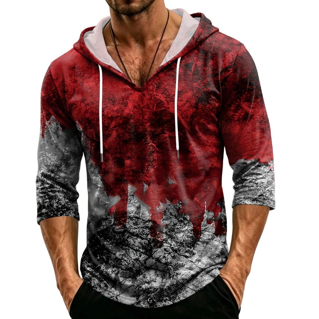 Men's Loose Fit Casual Hoodie 3/4 Sleeve Pullover Halloween Graphic Print Lightweight Hooded Shirt for Everyday Wear