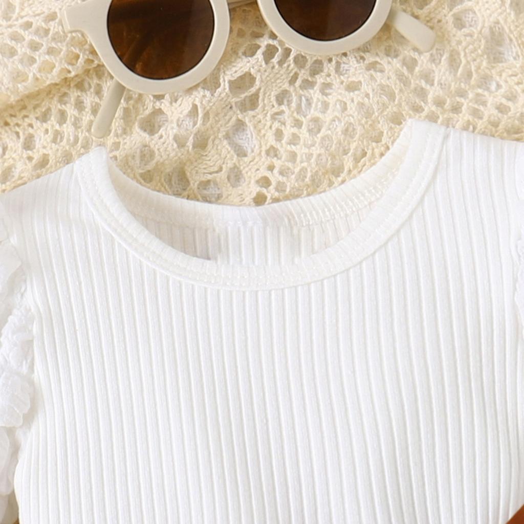 Children's Clothing Autumn Winter Puff Sleeve Ribbed Top Solid Color Bow Irregular Hem Girls' Set
