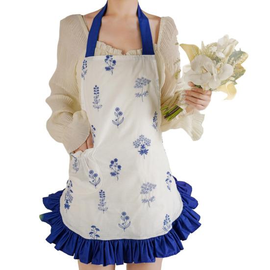 Damen Küchenschürze mit Taschen und Kapuze, floral bestickte Baumwollschürze, leicht, atmungsaktiv, Kochschürze im Vintage-Spitzenrüschen-Stil, Kochen