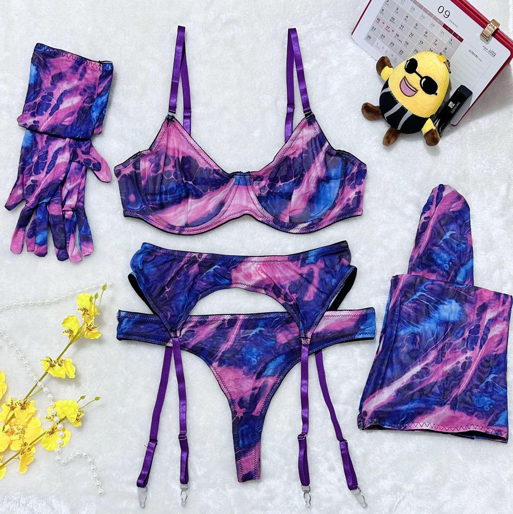 "Colorful Tie-Dye European & American 5-Piece Lingerie Set with Gloves and Stockings"