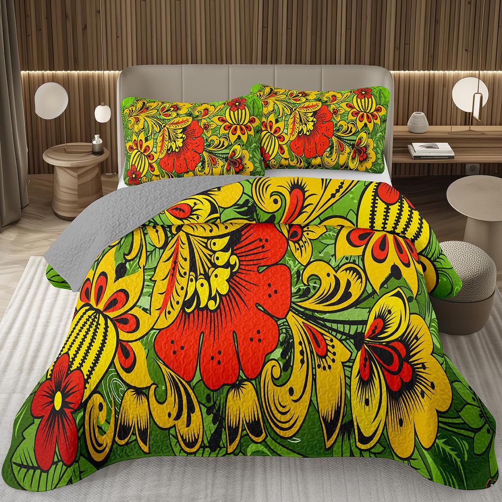 Boho Floral Bedspread Queen/Twin Luxury European Damask Paisley Pattern - Classic & Gorgeous Coverlet Reversible Grey Quilt Set