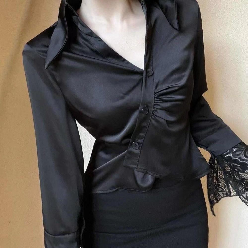 Lace Clothing Sleeves Korean Style Blouse V-neck Slim Buttons Shirts Business