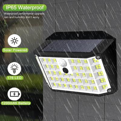 Luzes solares externas 176 LED com sensor de movimento movido a energia solar, luzes de inundação IP65 à prova d'água, 3 modos, lâmpada de parede para varanda externa, quintal