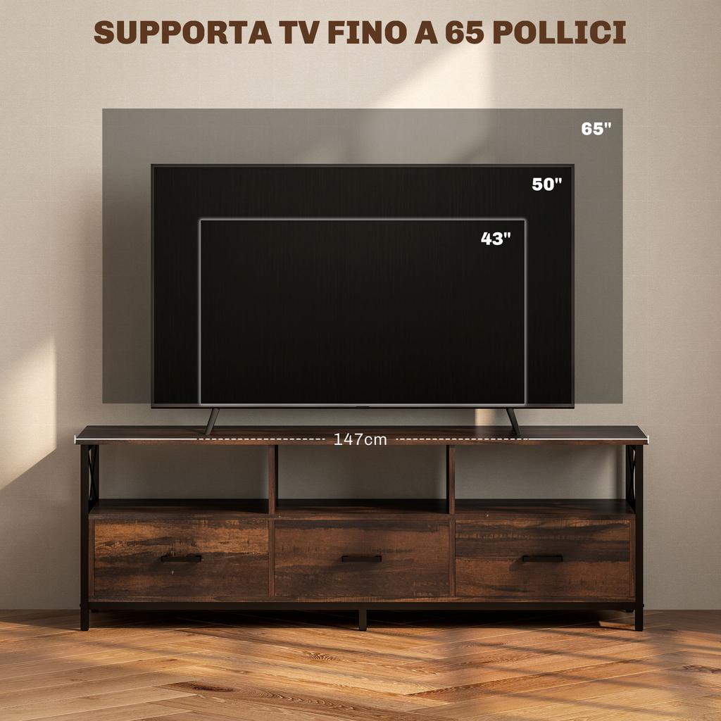 Industrial TV Stand with 3 Drawers and 3 Open Shelves, in Wood and Steel, 147x40x50 cm, Black and Brown