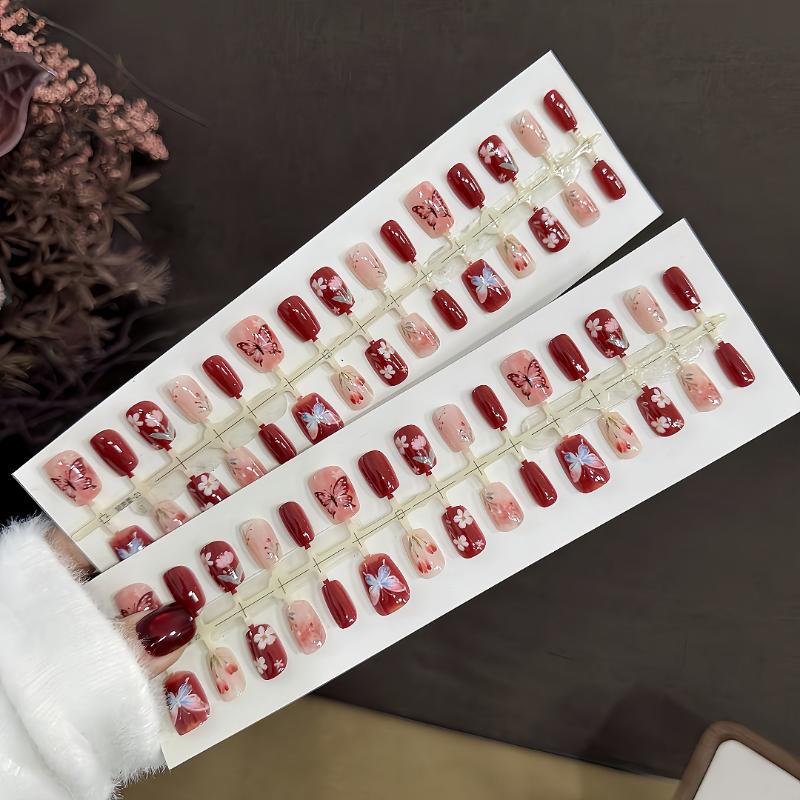 Red French Tip Press On Nails 30 PCS with Flower Prints Full Cover Fake Nails For Students and Office Use Easy Removable Nail Set