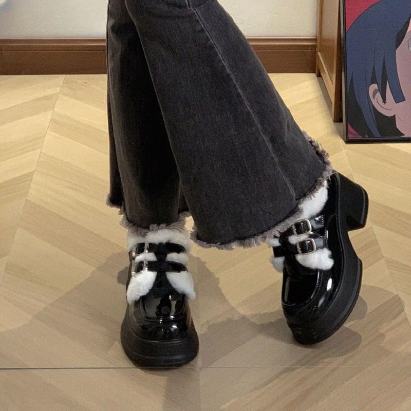 Fleece platform small leather shoes women's 2025 new autumn and winter warm college style muffin single shoes British loafer cotton shoes