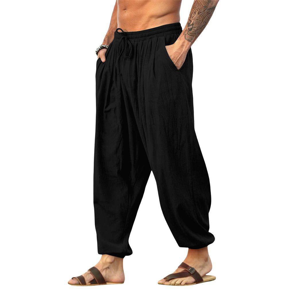 Linen Pants Men Drawstring Waist Relaxed Fit Mens Linen Pants Casual Lightweight Mens Beach Pants Comfortable Men Linen Pants for Daily Wear