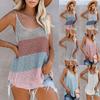 Top Regata Tricô Color Block Feminino Verão 2026, Cropped de Crochê sem Mangas com Gola Redonda para Uso Casual na Praia e Diário