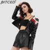 BITCED Women's Color-Blocked Patchwork Biker Jacket Pilot Jacket Short-Length Leather Jacket