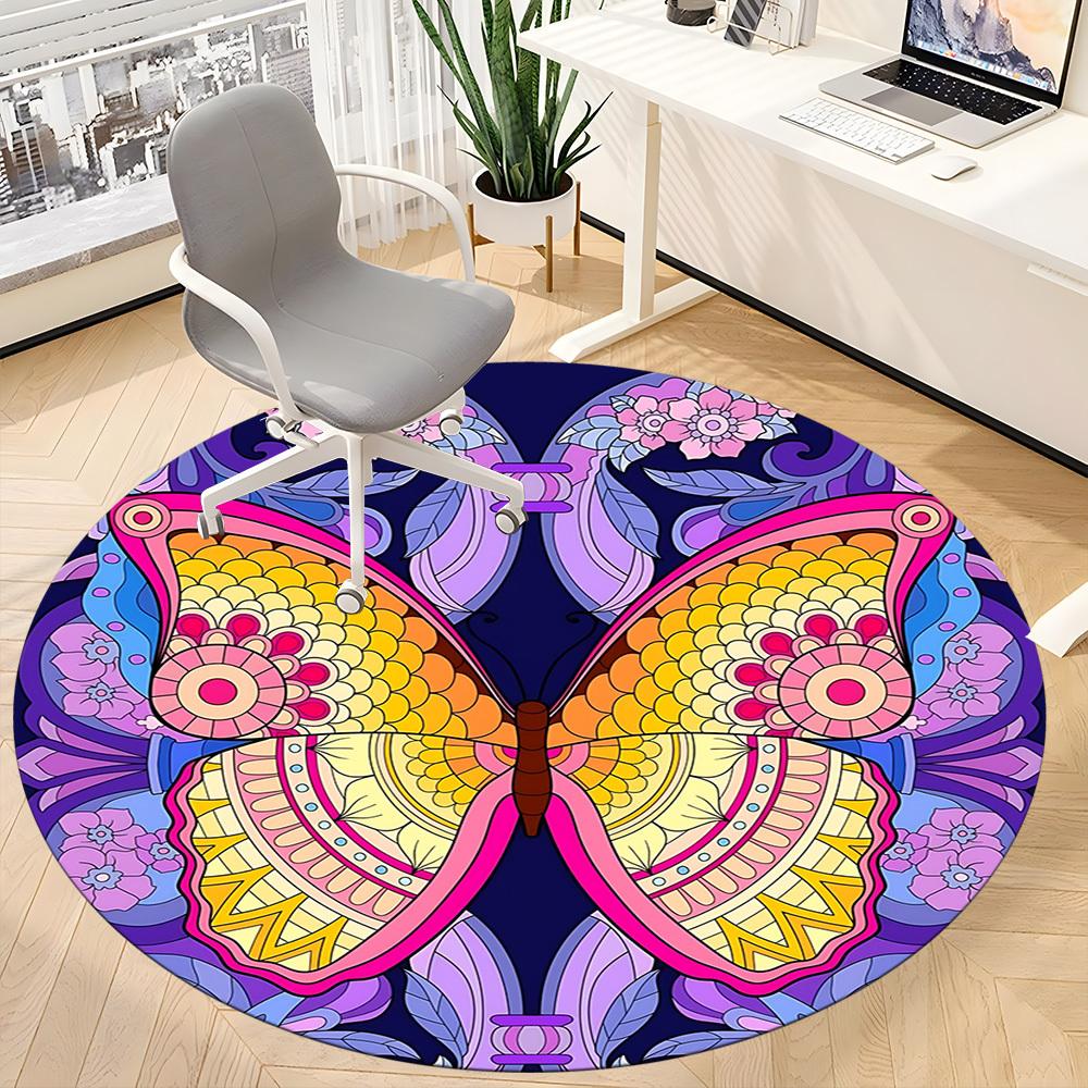 1PC Butterfly Mandala Office Round Rug, Non slip, Soft and Durable Office Rug for Interior Decoration, Perfect for Office