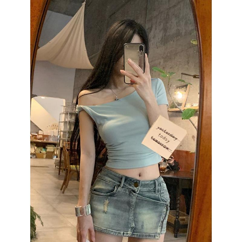 Women's Asymmetric Crop Top Ribbed Knit with Ruched Waist Knot Detail