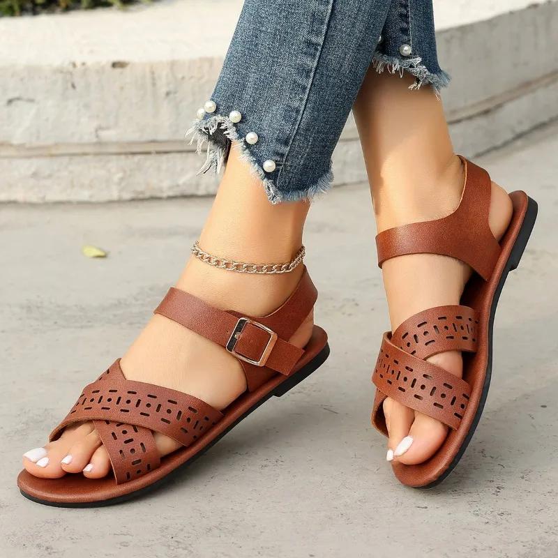 2024 heißer Verkauf frauen Schuhe Schnalle frauen Sandalen Mode Peep Toe Casual Sandalen Frauen Sommer Plus Größe Flache sandalen
