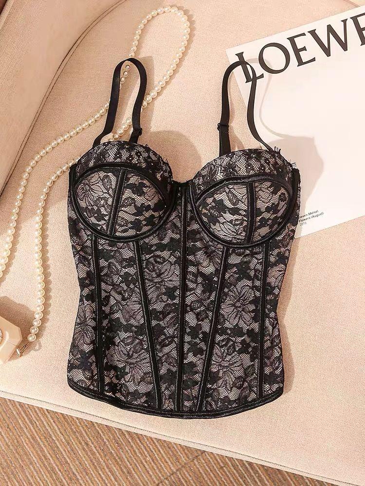 Spicy Girl Lace Camisole: Black Boning Autumn/Winter Inner Wear with Chest Pads, Beautiful Back Design