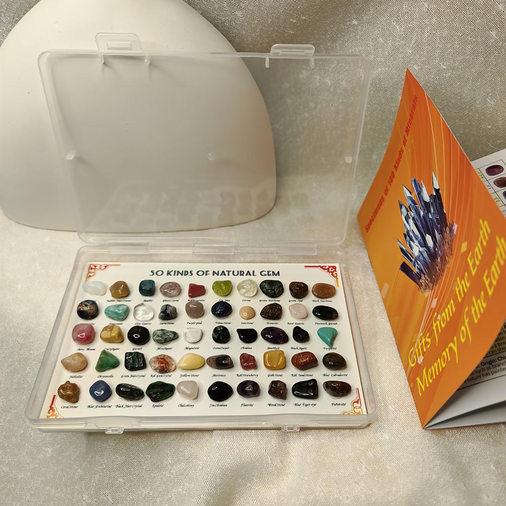 Mineral specimens and a 100-page rock atlas, including crystal, agate, fluorite, tiger's eye, and more.