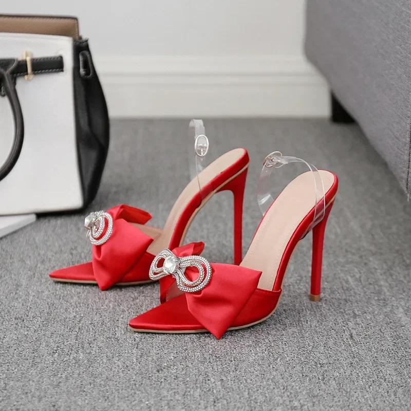 Sexy Silk Pointed Rhinestone Butterfly-knot Thin High Heel Sandals for WOmen PVC Band Ankle Buckle Banquet Wedding Shoes
