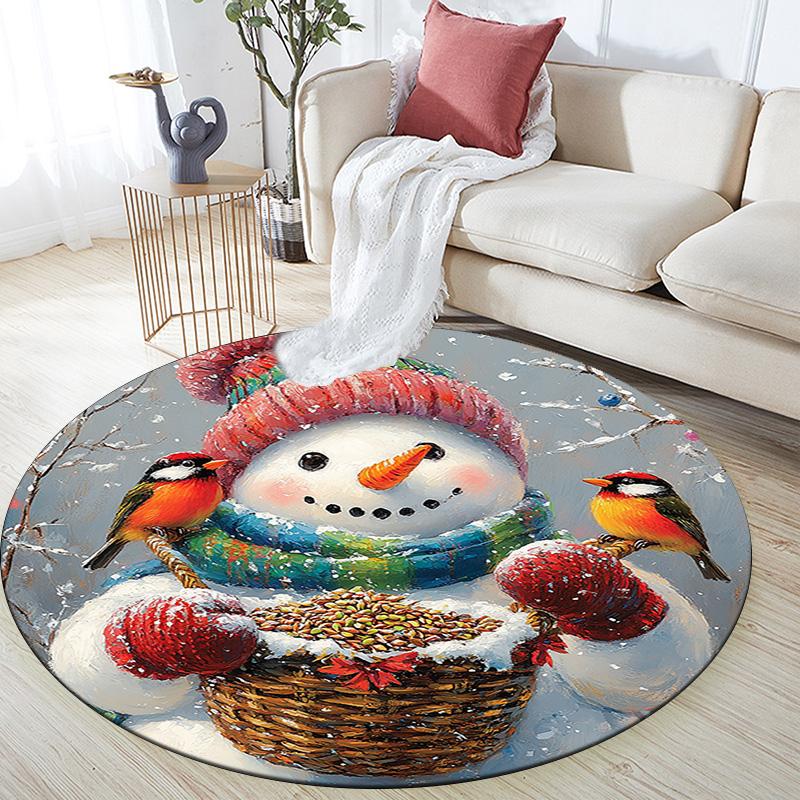 Snowman with Birds Round Area Rug,Carpet Rug for Living Room Bedroom Sofa Playroom Decor,Non-slip Floor Mat