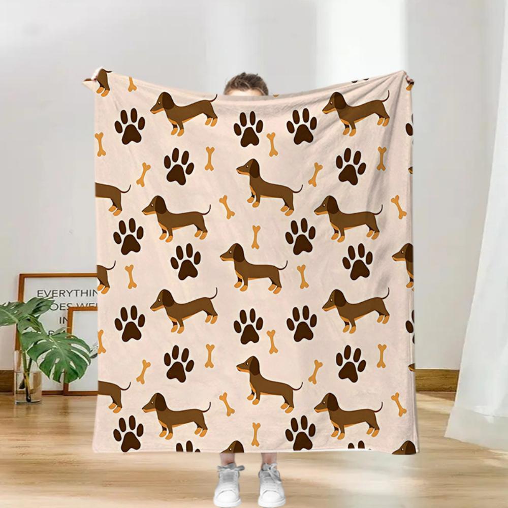 Paw Bone Mixed Dachshund Print Throw Blanket For Indoor Space Sofa Bedroom Office Birthday Cute Pet Blessing Theme Party Gift