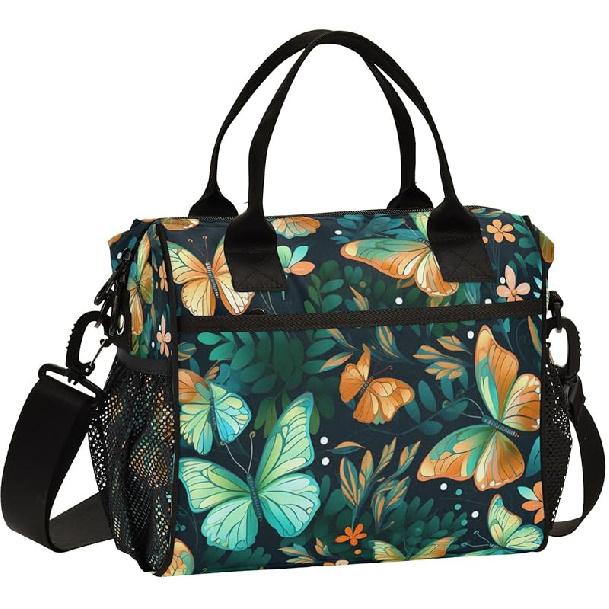 Green Butterflies Large Insulated Lunch Bag for Office Work School Picnic Reusable Tote Bag, Medium, A05W23017