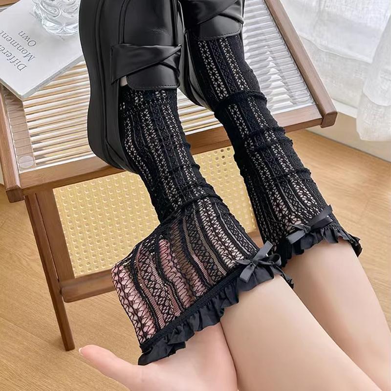 Japansk Söt Spetskantad Knähög Strumpa Med Rosett För Kvinnor