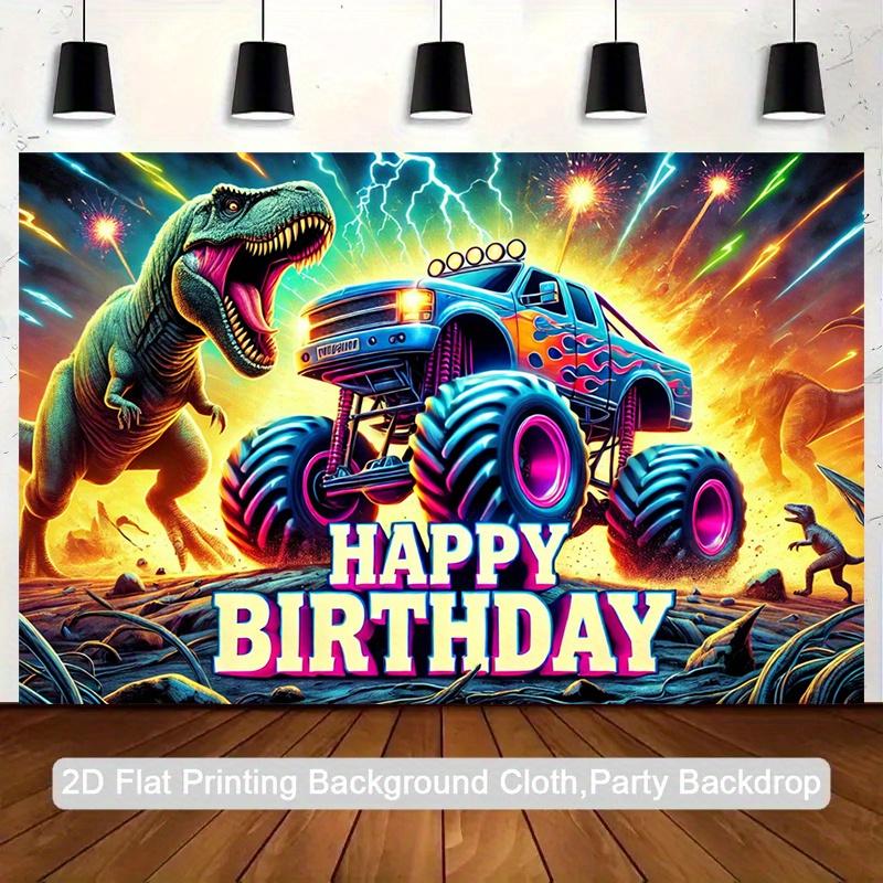 2D planar drawing, dinosaur truck birthday banner - Dinosaur and Monster Truck, Heavy Machinery Theme 47.2x31.5inch/120*80cm