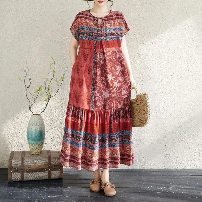 Dress for Woman Cotton Summer Plus Size Loose Floral Vintage Casual Printed Soft Long Holiday Dresses
