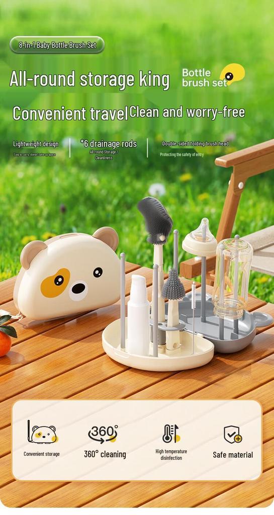 Silicone Baby Bottle & Nipple Brush Set with Drying Rack