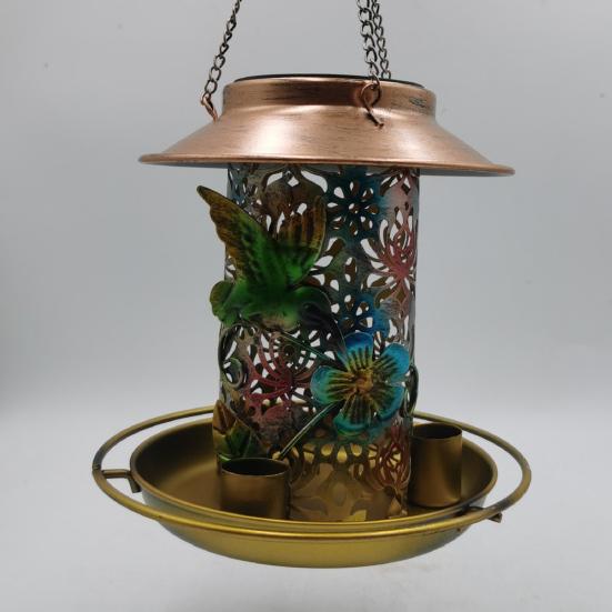 Bird Feeder with Light Hollow Pattern Design Solar Powered Hummingbird Food Holder Lantern Light Garden Decoration