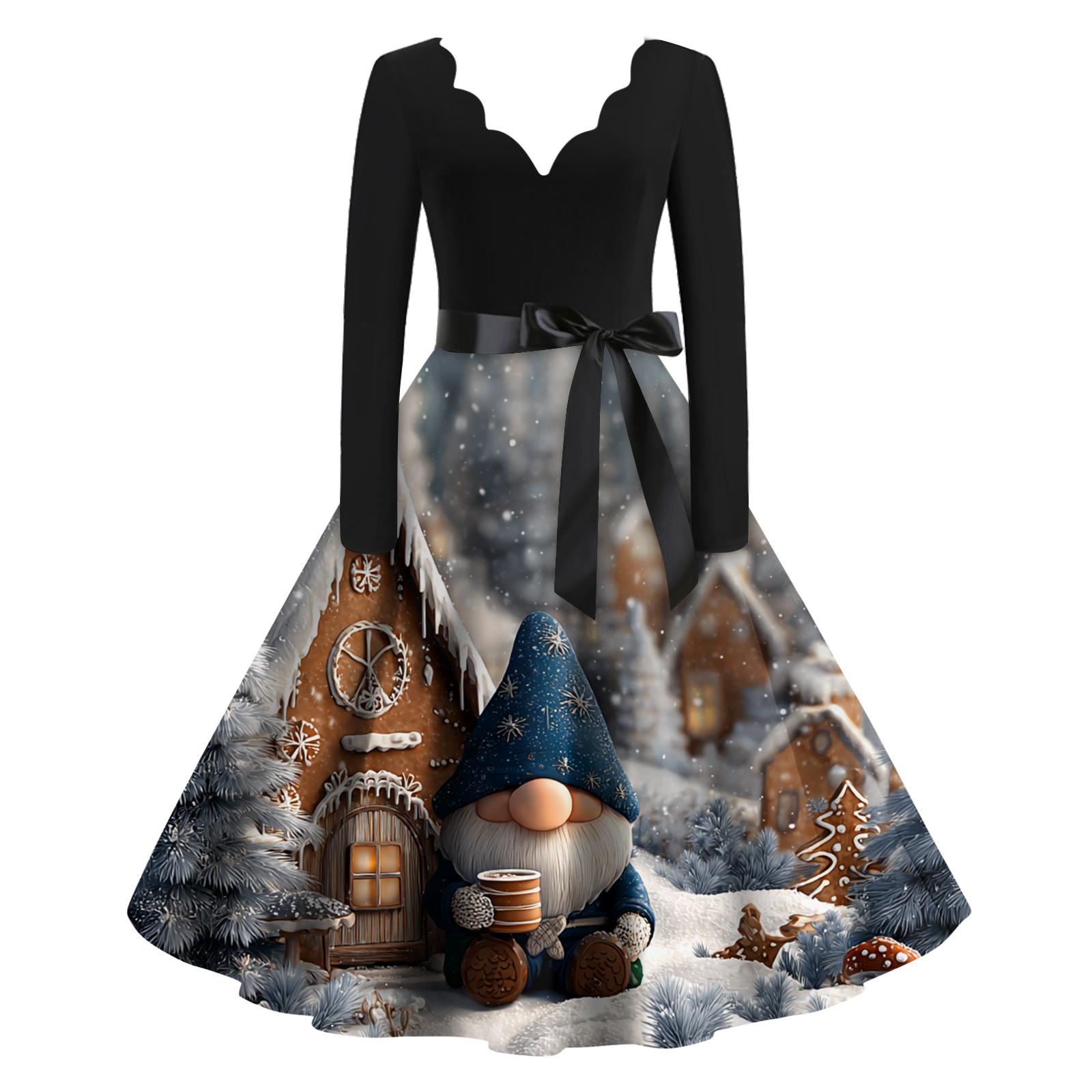 

Women s Casual Fashion Christmas Holiday Print V-neck Vintage Dress L