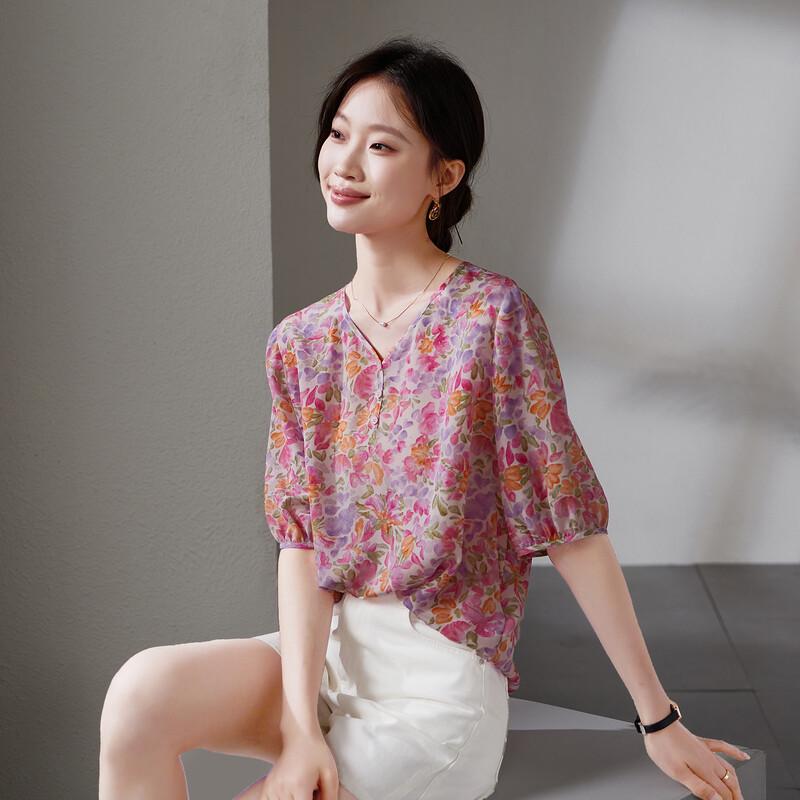 SOFSIL 2026 Summer Floral Print Mulberry Silk Top