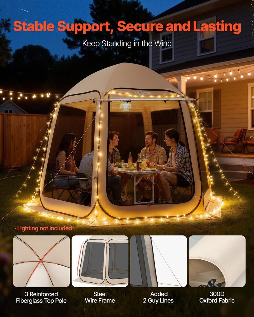 Screen House Zelt, 3030 x 2650 x 2300 mm, 4-8 Personen Pop-Up Screen Zelt mit erweiterter Markise, Tragbares abgeschirmtes Überdach mit Tragetasche, Netzgewebe