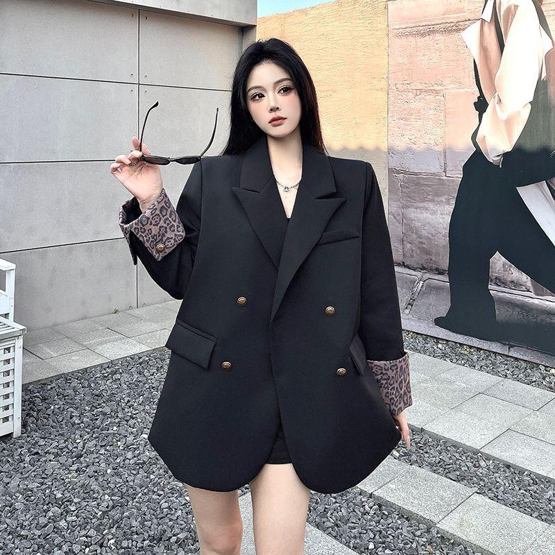 Spring and Autumn Women Long Sleeve Blazer Coat Niche Leopard Patchwork Loose Temperament Padded Shoulder Casual Suit Outerwear