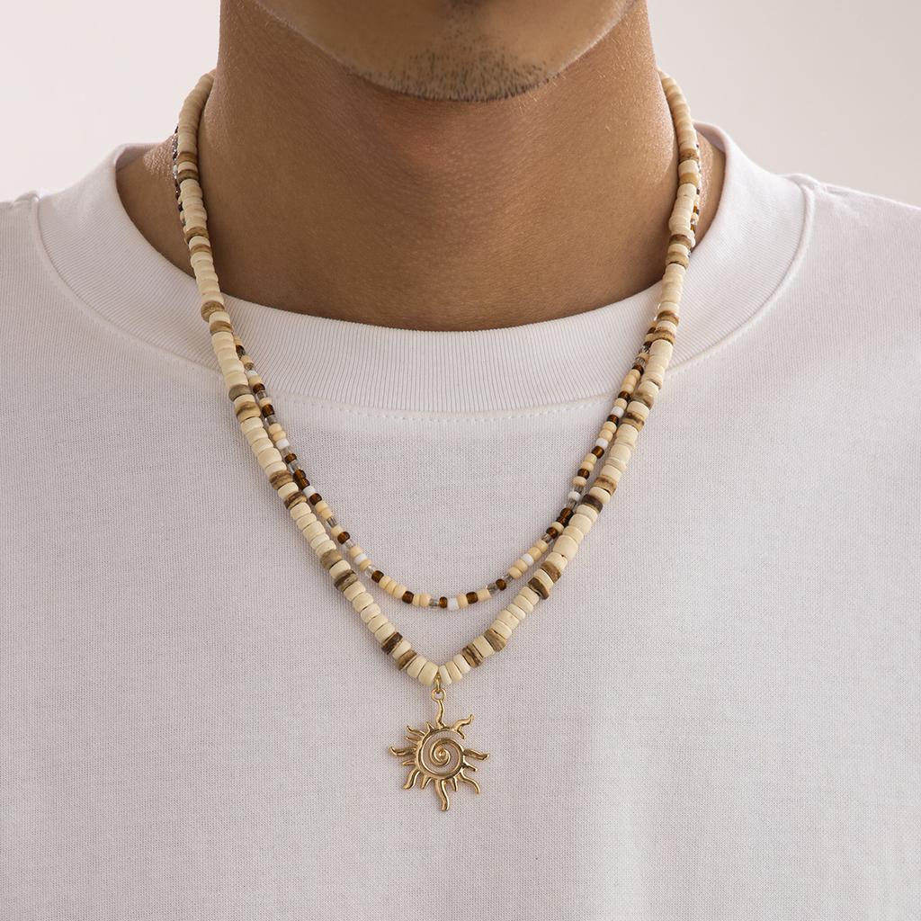 Fashionable Men Coconut Shell Beaded Necklace Hip Hop Sun Pendant Choker Chain Jewelry