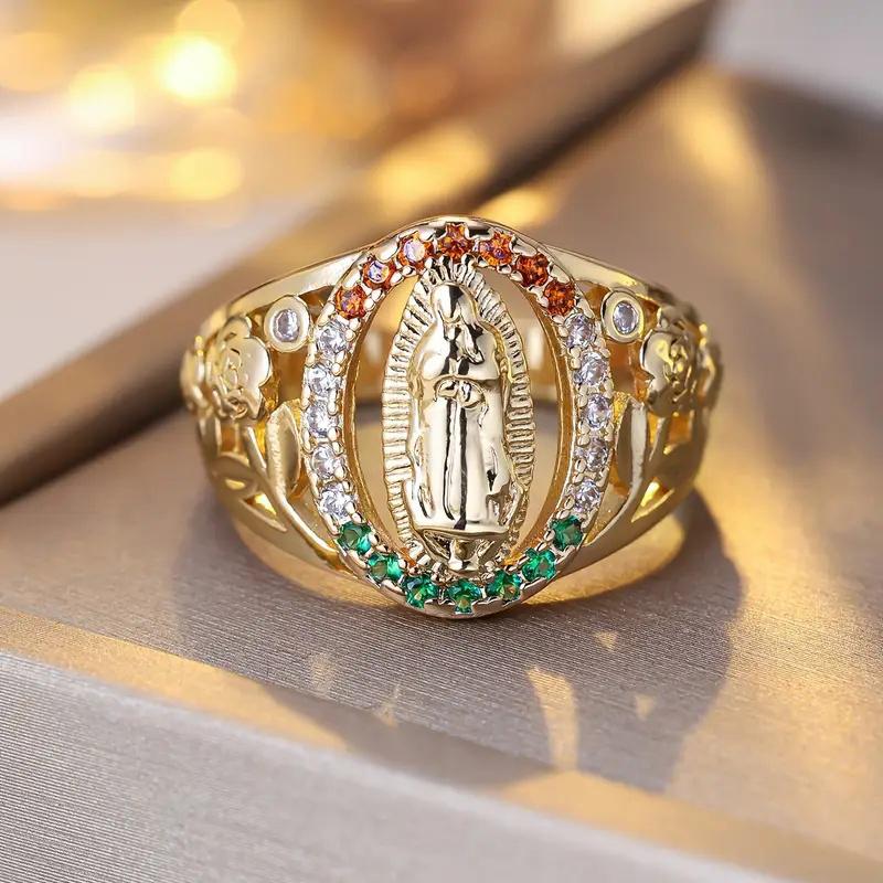 Huitan Luxury Gold Color Rings with Colorful CZ Delicate Virgin Mary Design Finger Rings for Women Exquisite Jewelry for Party