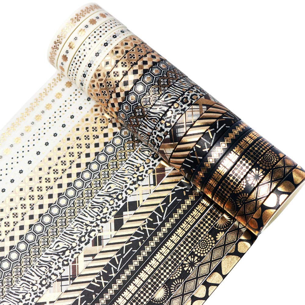 Yubbaex Masking Suit Black with Gold Perfect for Gift DIY and Notebook Decorations Wide X 20 Tape, Foil, Wrapping, Crafts, (7mm Rolls)