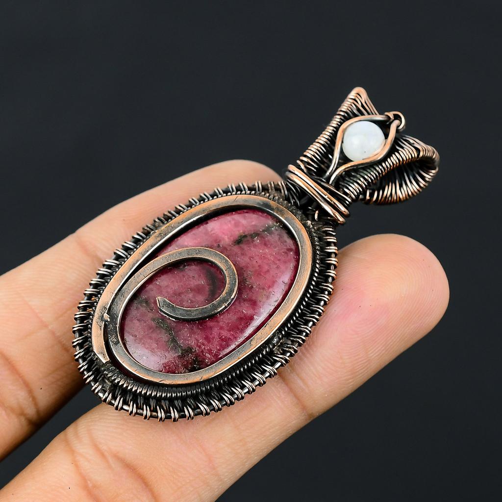 Natural Rhodonite,Moonstone Stone Handmade Copper Wire Wrap Pendant 2.36" Z2Z53