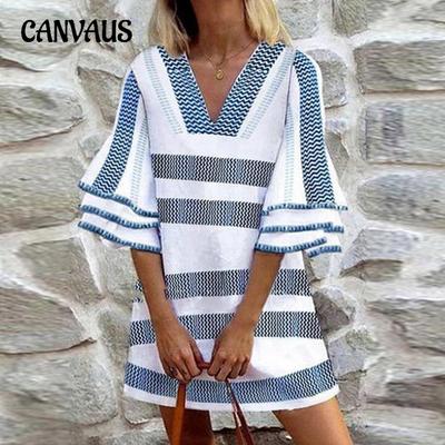 Summer Women's Casual Striped Printed Loose Midi Dress Pullover Dress